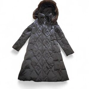 Brown searle down quilted fur trimmed coat